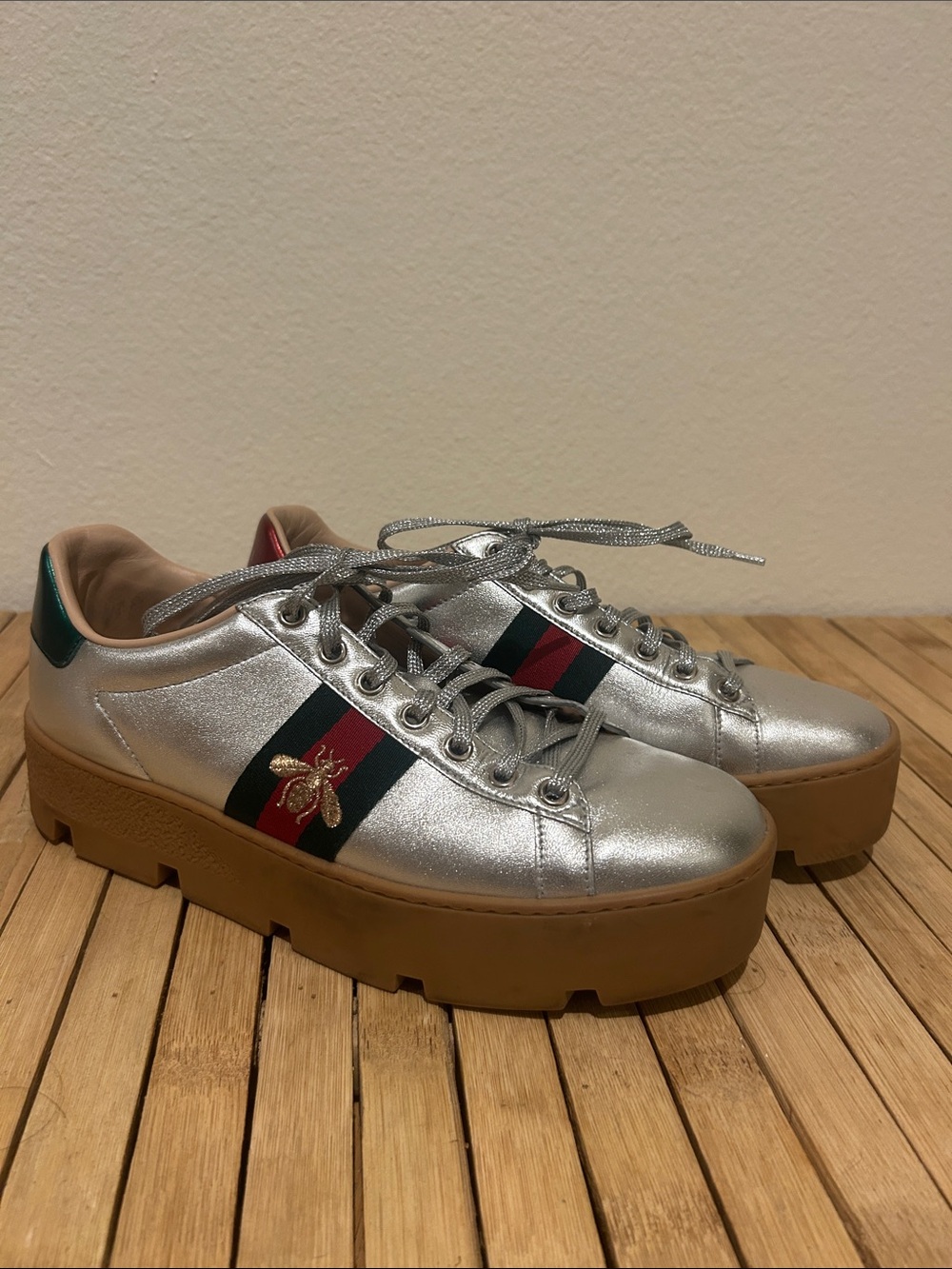 Gucci Women's New Ace Metallic Leather Platform Sneakers
